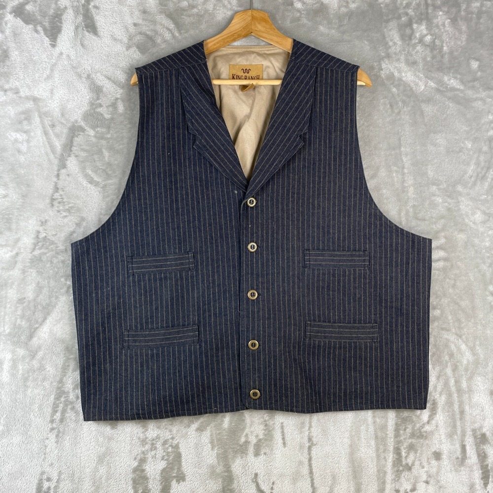 King Ranch Vest Mens 2X Blue Pinstripe Cotton Button Up Western Notch Lapel